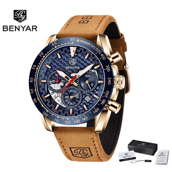 BENYAR Top Brand New Men Watches Leather Strap Luxury Waterproof Sport Quartz Chronograph Military Watch Men Clock Reloj Hombre