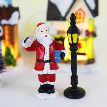 LED Resin Christmas Village Ornaments Set Figurines Decoration Santa Claus Pine Needles Snow View House Holiday Gift Home Decor