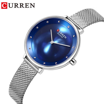 CURREN elegantes relojes de Mujer de cuarzo de acero inoxidable Reloj de malla de plata de Mujer Simple Esfera de Océano Azul para Mujer Reloj de Mujer