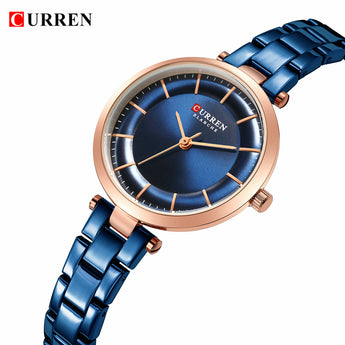 CURREN las mujeres relojes de Metal de lujo elegante reloj de pulsera de moda reloj de cuarzo azul mujer Acero inoxidable vestido reloj 9054