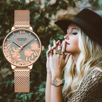 CURREN las mujeres relojes de lujo superior de acero inoxidable correa de reloj de pulsera para las mujeres Rosa reloj de cuarzo reloj de señoras
