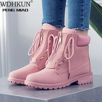 Autumn Winter Women Boots Trend Zipper Deisgn PU Leather Shoes Ladies Ankle Boots Large-size 42 Pink Woman Boot botas mujer