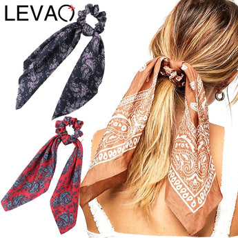 LEVAO Floral Print Scrunchie Women Hair Scarf Elastic Bohemian Hairband Bow Hair Rubber Ropes Girls Hair Ties Accessories