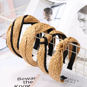 Haimeikang Bohemian Hairband Summer Straw Weaving Knotted Headband for Women Cross Handmade Hair Hoop Hairband Hair Accessories
