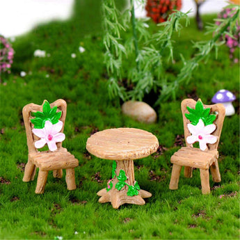 3Pcs Floral Table Chairs Miniature Micro Landscape Fairy Garden Dollhouse Decor