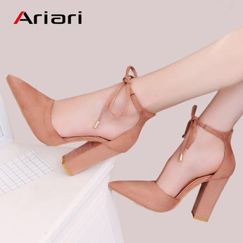 Elegant sexy retro thick high heeled shoes with laces Flock 2018 Ariari 7 fashion women's shoes