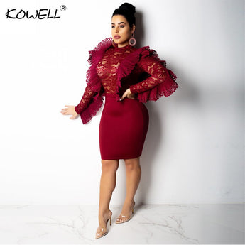 2019 Solid Hollow Out Sexy Lace Dress Women Long Sleeve Bodycon Sheath Mini Dress Female Autumn Dresses for Night Club Party