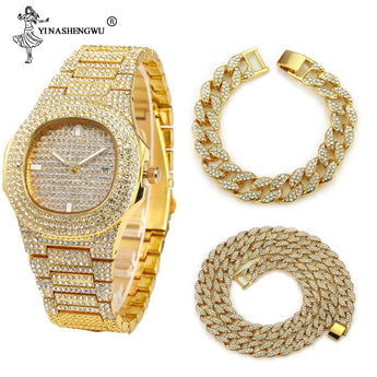 3pcs necklace + Watch + Bracelet Hip Hop Miami Cuban Chain Gold Color Paved Rhinestones Men Jewelry