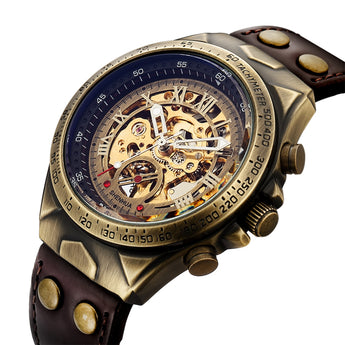 Men's Retro Style Automatic Mechanical Watch Skeleton Steampunk Genuine Leather Strap
