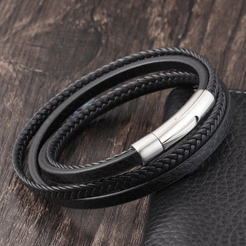 Multilayer Braided Rope Stainless Steel Genuine Leather Bracelets for Men Women