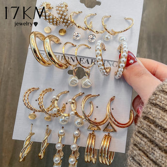 17KM Pearl Hoop Earrings Set for Women Gold Metal Geometric Circle Hoop Earrings Brincos Jewelry Gift