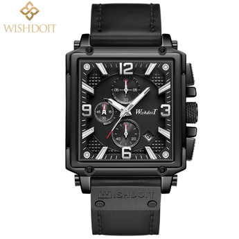 Original WISHDOIT Men's Watch TOP Brand Waterproof Sports Chronograph Square Luxury Leather Wristwatch