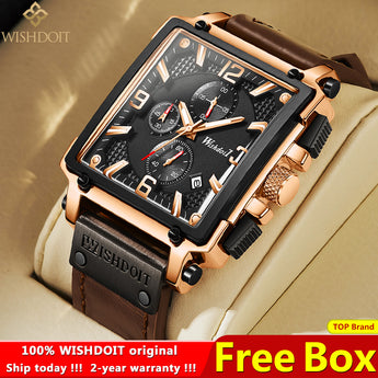 Original WISHDOIT Men's Watch TOP Brand Waterproof Sports Chronograph Square Luxury Leather Wristwatch