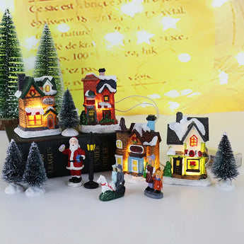 Conjunto de adornos navideños de resina LED, figuritas decorativas de Papá Noel, agujas de pino, vista de nieve, casa, regalo de vacaciones, decoración del hogar