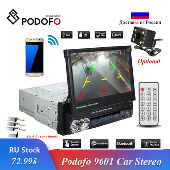 Podofo-Radio de Audio estéreo para coche, Bluetooth, 1DIN, 7 "HD, Monitor de pantalla táctil retráctil, reproductor MP5, SD, FM, USB, cámara de visión trasera 