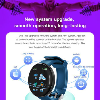 2019 nueva llegada D18 pulsera Bluetooth impermeable reloj inteligente ritmo cardíaco presión arterial rastreadores de actividad reloj inteligente deportivo 