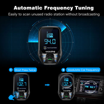 VicTsing Car Bluetooth FM-sender-radioadapter met 1,8 duim-kleurskerm, QC 3.0, EQ-modusse, Aux, Handvrye oproep