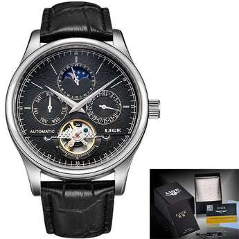Relojes Retro clásicos de marca LIGE para hombre, reloj mecánico automático Tourbillon, reloj de pulsera militar resistente al agua de cuero genuino