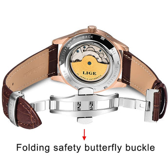 Relojes Retro clásicos de marca LIGE para hombre, reloj mecánico automático Tourbillon, reloj de pulsera militar resistente al agua de cuero genuino