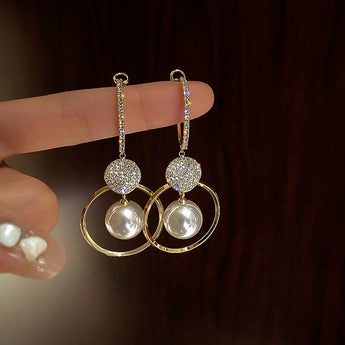 Pendientes colgantes de perlas blancas de gran tamaño para mujer, aretes bohemios de circonita redonda dorada, joyería de boda, regalo, moda coreana, novedad de 2021